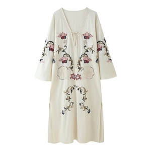 Robe Longue Brodée Bohème Femme Col en V Manches Longues Motif Ethnique Fente Latérale Mélange Coton Robe Vacances