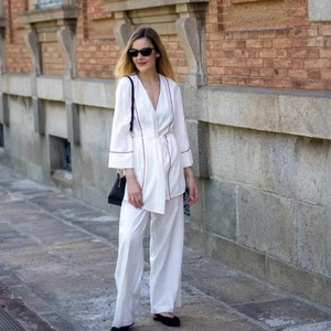 Women Elegant Contrast Piping Wrap Top And Wide Leg Bottom Polyester Long Sleeve V Neck Tie Waist Casual Clothes