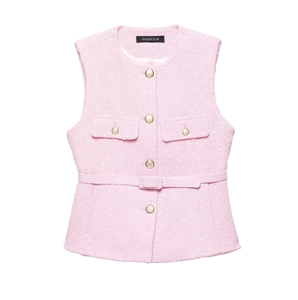 Gilet in tweed rosa da donna con bottoni dorati e cintura in vita in tessuto strutturato