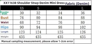 Size chart table for denim midi dress with detailed measurements for XS to L sizes