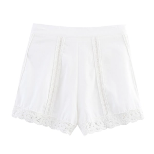 Detailed view of white high-waisted shorts featuring crochet lace hem and hollow embroidery