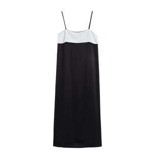 Abito Donna Elegante Nero Bianco Color Block Spalline Sottili Effetto Raso Senza Maniche Vita Alta Midi Lungo