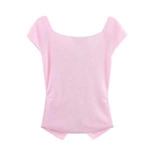 Pink short sleeve knit top with ribbed texture and drawstring ruched details for women