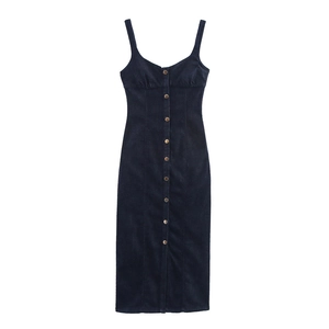 Detail of navy denim midi dress featuring spaghetti straps and metal button-down front