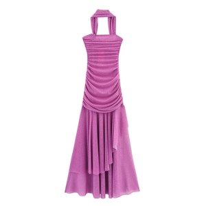 Vestito Midi Sexy a Pois con Scollo all'Americana per Donna Magenta Senza Maniche Schiena Scoperta Estate Vacanza Festa Bodycon