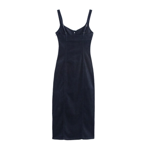 Detail of dark blue denim midi dress featuring spaghetti straps and a back zipper closure