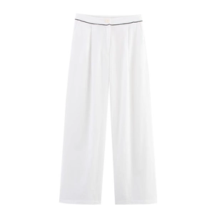 Women's summer high-waisted white wide-leg trousers with black trim and single button