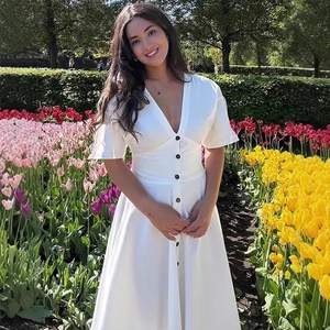 Women French Elegant V Neck Button Down Midi Dress Slim Waist A Line Poplin Summer Dress For Vacation Party Casual Wear