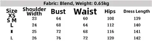 Detailed size chart for long patchwork dress including bust, waist and length measurements