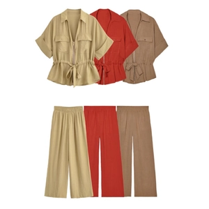 Women's Casual Solid Short Sleeve Zip Up Shirt And Wide Leg Pants Set Pocket Drawstring Waist Cargo Style Streetwear
