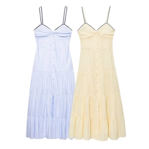 Robe Midi à Étages à Rayures Décontractée pour Femmes Col en V Bretelles Spaghetti Boutons Sans Manches Bordure Festonnée Élégante Robe de Plage d'Été