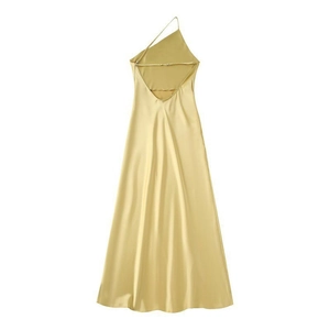 Robe asymétrique élégante en satin pour femme avec dos nu et finition dorée métallisée