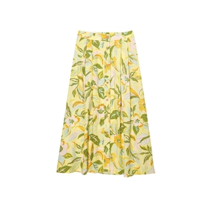 Linen blend floral midi skirt with yellow artistic print and wooden front buttons