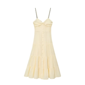 Robe midi rayée jaune clair avec col en V, jupe à volants et boutons frontaux
