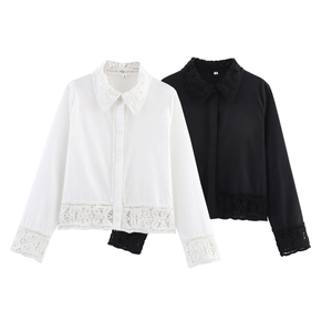 Women's crochet detail long sleeve shirt set in classic white and black colors