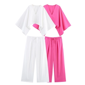 Élégant Chemisier Asymétrique Col en V Manches Chauve-souris et Pantalon Jambes Larges Top And Bottom Set pour Femmes Casual Été Couleur Unie