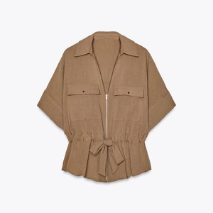 Brown short sleeve linen-blend shirt set with V-neck zipper and drawstring waist