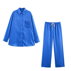 Ensemble de Pyjama Rayé en Satin pour Femmes Chemise à Manches Longues Boutonnée et Pantalon à Cordon Vêtements de Détente Décontractés Top And Bottom