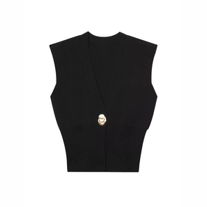 Women's black V-neck knit vest featuring a distinctive gold irregular metal button closure