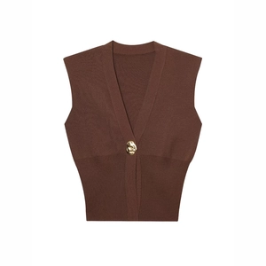 Women's slim fit V-neck knitted vest in deep brown with a unique gold button detail