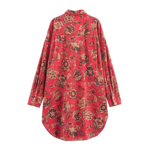 Women's vintage floral print long sleeve shirt in red with curved hem back view