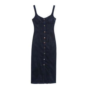 Women Sexy Denim Look Midi Dress Adjustable Shoulder Straps Button Front Slim Fit Sleeveless Solid Blue Party Outfits