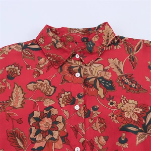 Red vintage floral print shirt with classic lapel collar and white buttons for casual wear
