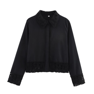 Women's black crochet lace long sleeve shirt top with elegant vintage collar detail