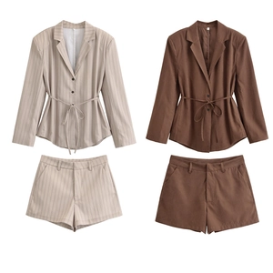 Women's 2-piece striped and solid blazer shorts set with belted waist and high-rise design