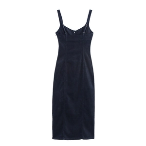 Dark blue wash denim midi dress with adjustable straps and front button details