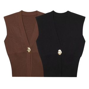 Women's V-neck knitted vest with gold button closure in black and brown colors