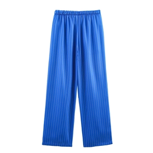 Pantalon bleu à rayures verticales avec taille haute et ceinture élastique souple
