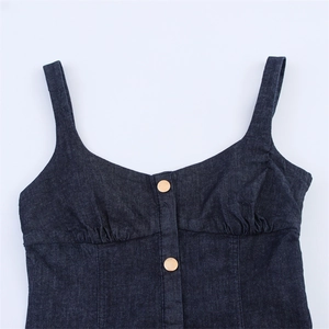 Modern dark blue denim midi dress with spaghetti straps and gold buttons detailing
