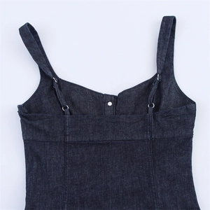 Dark blue denim camisole midi dress with adjustable straps and metal button detail