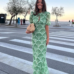 Robe Maxi Femme Vintage Verte Imprimé Éventail Élégante Manches Bouffantes Dos Nu Lacets Mousseline pour Vacances Été