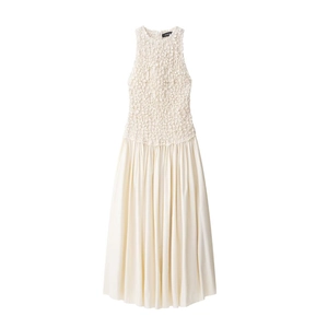 Women Sleeveless Smocked Patchwork Maxi Dress Popcorn Textured Top Flowy Pleated Skirt Round Neck Back Zipper Long Summer Dress