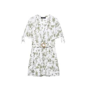 Vestito Mini da Donna Estivo con Scollo a V Stampa Floreale Ricamo Traforato Con Cintura Maniche con Fiocco Stile Pastorale