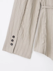 Detailansicht der gestreiften Blazer-Stoffstruktur mit Ärmelknöpfen und Taillengürtel