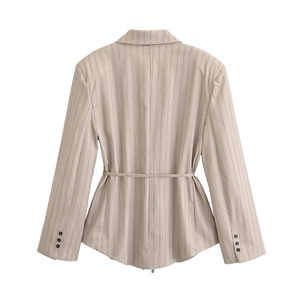 Back view of beige pinstripe blazer featuring adjustable waist tie and buttoned cuffs