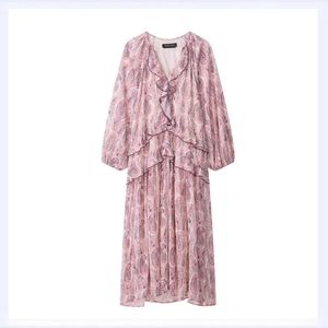 Damen Boho Paisley Print Maxi Kleid V-Ausschnitt Langarm Rüschen Lagenlook Elegant Partykleid Rosa Lila