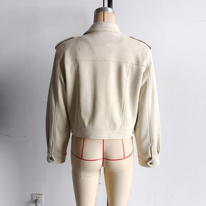 Back view of a cropped faux suede jacket for women with shoulder tabs and workwear style