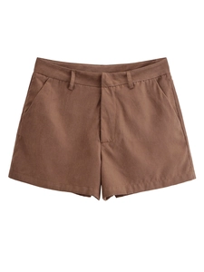 Flat lay of brown cotton A-line shorts featuring side pockets and belt loops
