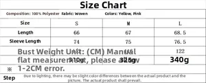 Detailed size chart for women's long sleeve shirt set in yellow and pink, 100% polyester
