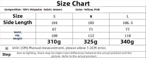 Detailed size chart for women's long pants suit showing polyester fabric measurements