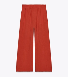 Pantalon large rouge orangé foncé pour femme avec taille élastique en coton et lin