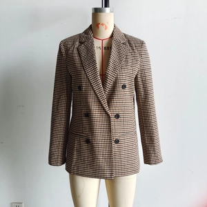 Women's double-breasted houndstooth blazer jacket in brown and black plaid tailored fit