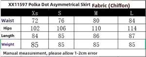 Size chart for polka dot asymmetric chiffon skirt with measurements for XS to L sizes