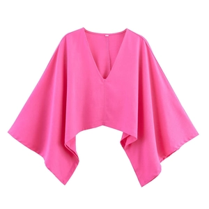 Haut court rose fuchsia pour femme avec col en V profond et manches chauve-souris