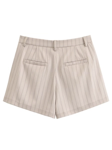 Detail view of high waisted striped shorts with back welt pockets and cotton texture