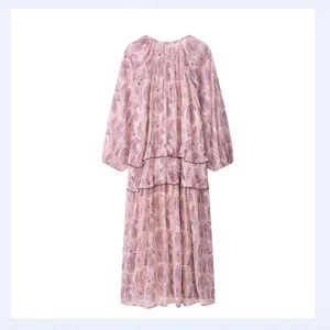 Damen Paisley-Print Kleid mit Stufenrock, langen Ärmeln und Rüschendetails in Rosa